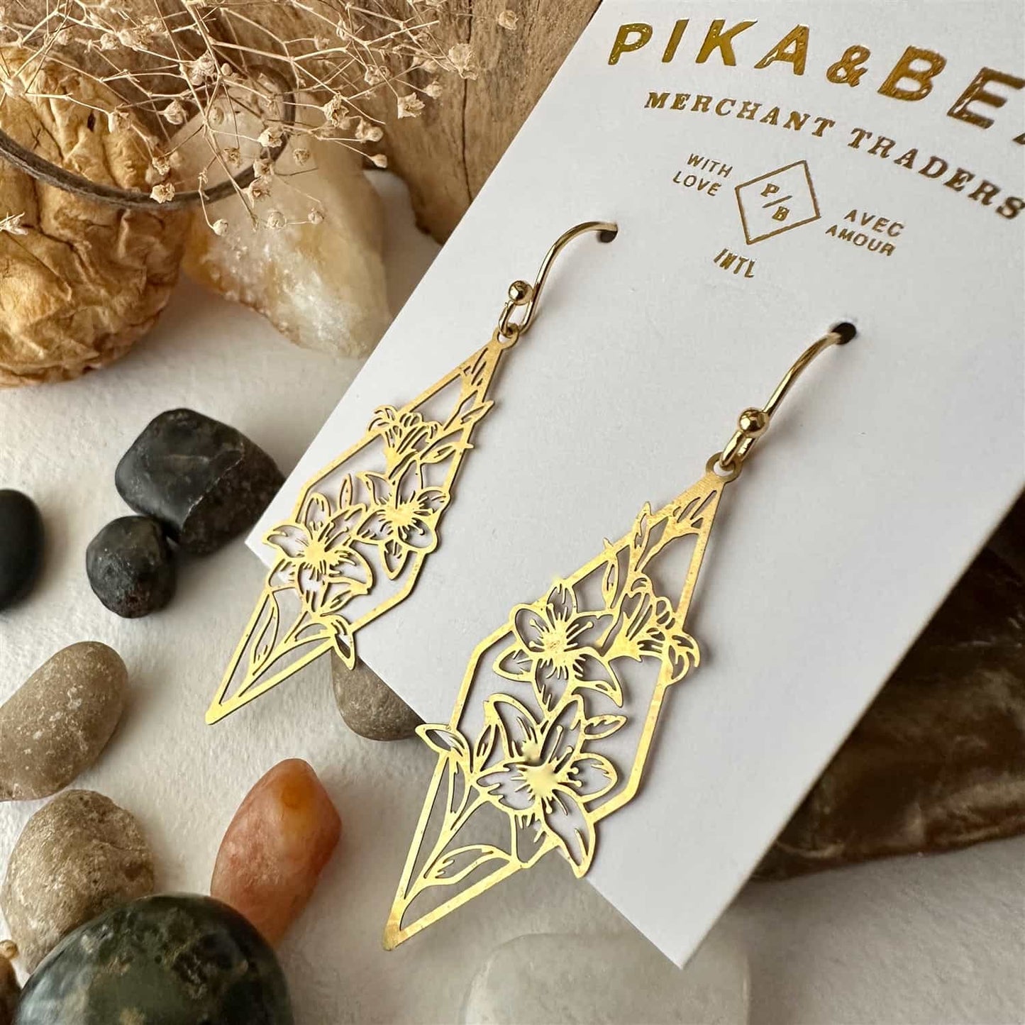 Tigris - Raw Brass Rhombus Flowers Drop Earrings