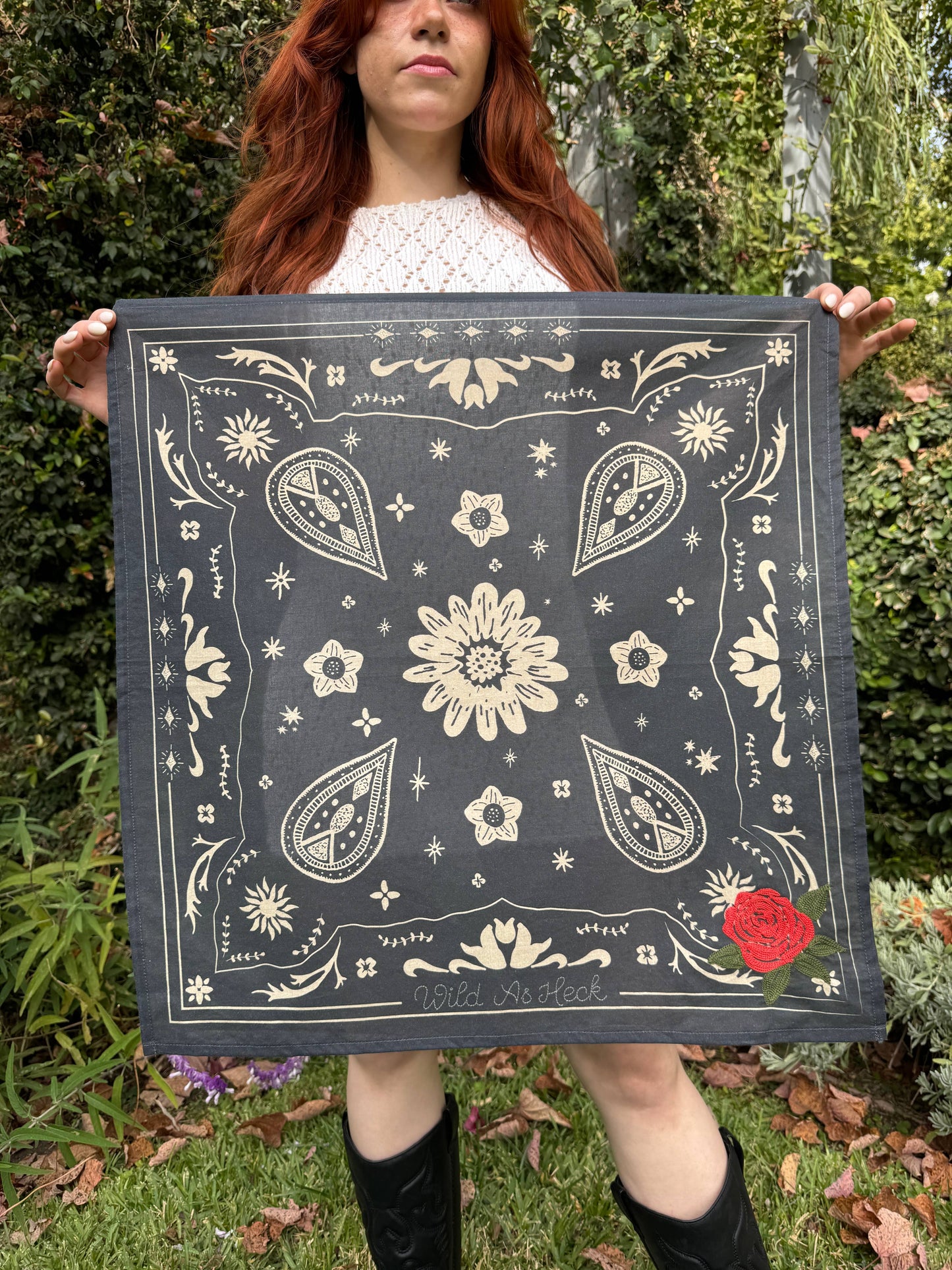 The Rose Bandana ( wild rag, embroidered bandana, western)