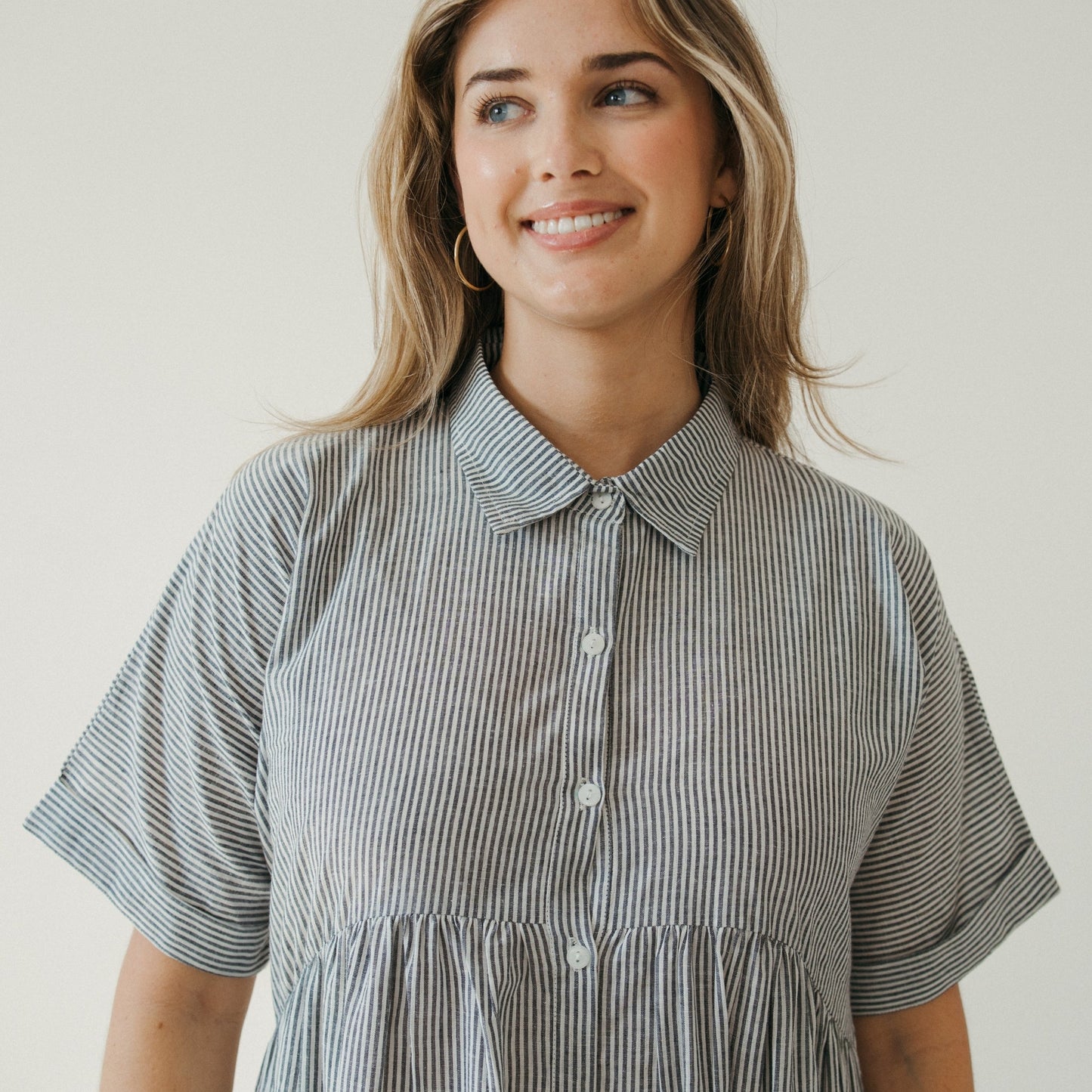 Collared Button Shirt Dress - Charcoal Stripe