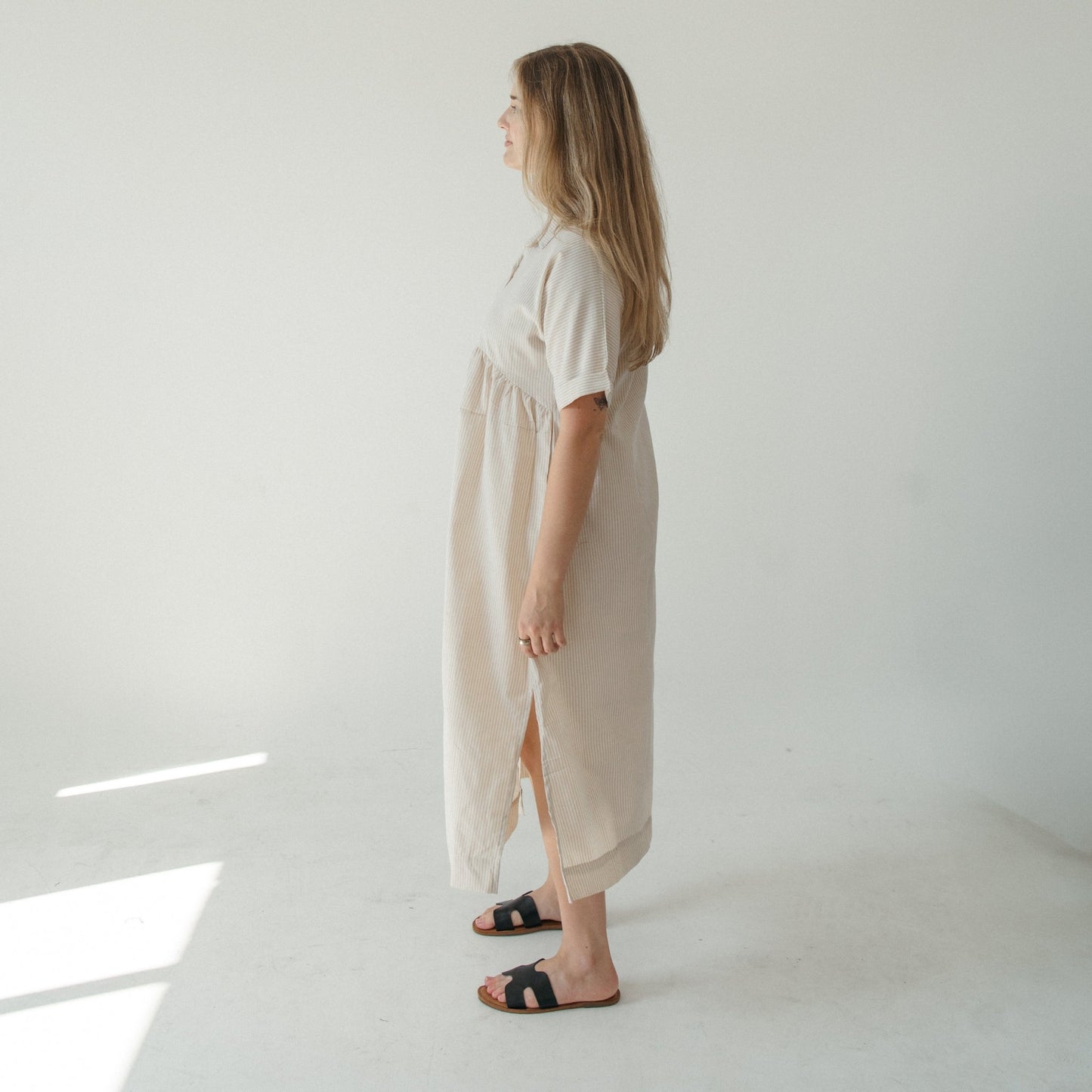 Collared Button Shirt Dress - Beige Stripe