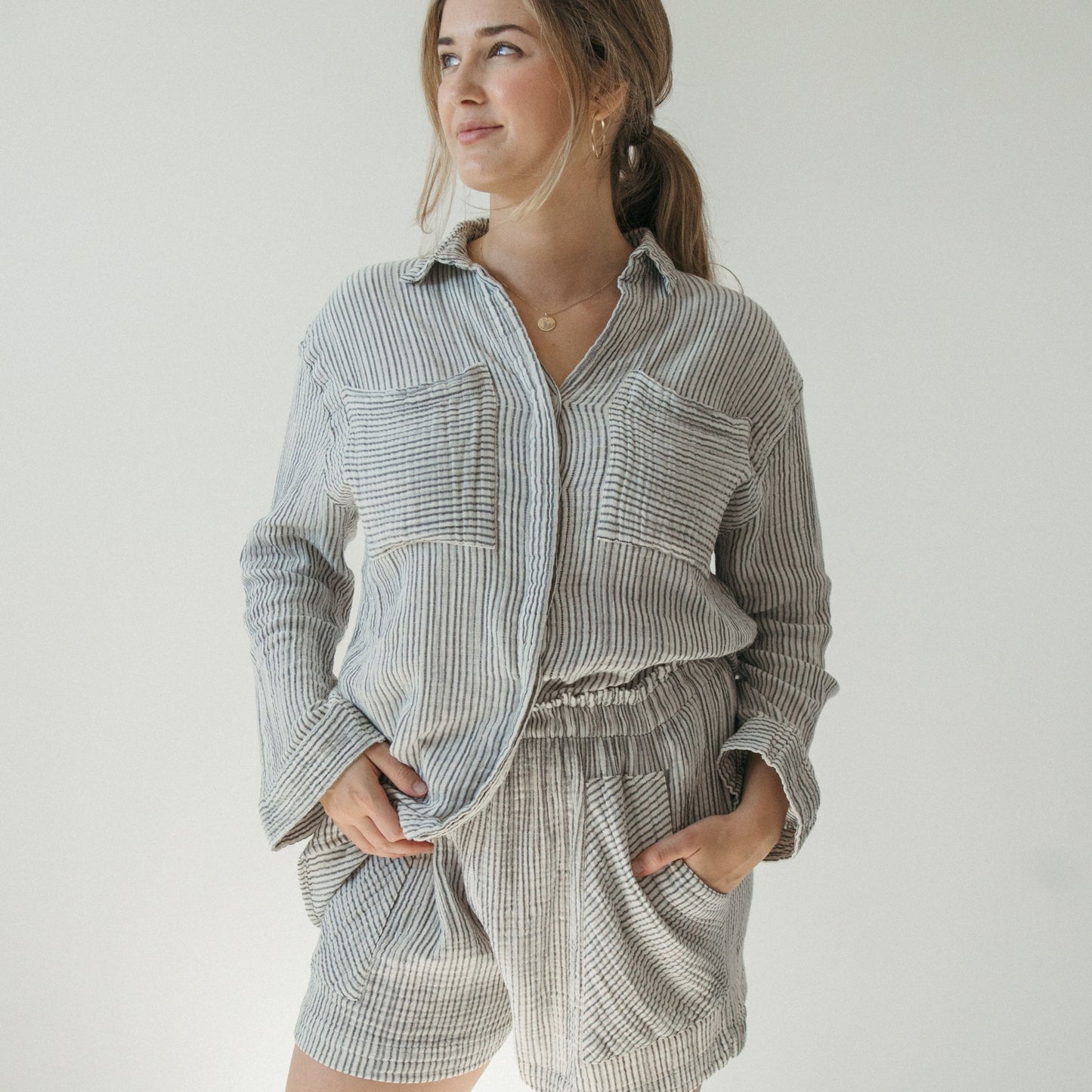 Striped Crinkle Pocket Shirt with Buttons - Charcoal