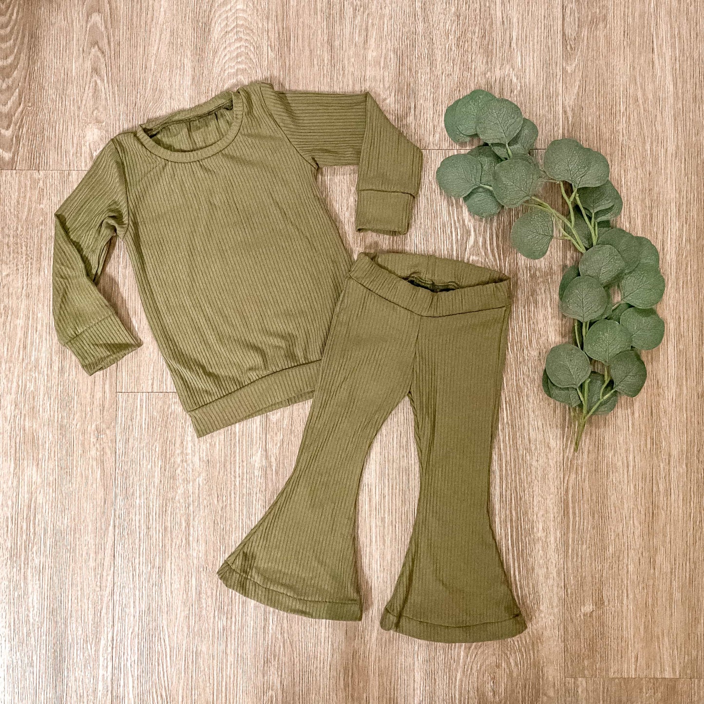 Baby Ribbed Bamboo Crewneck with Bells or Baggy Pants - Sage