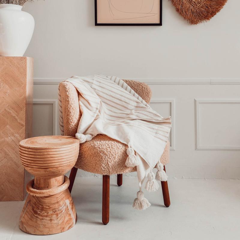 Beige Striped Moroccan Pom Pom Blanket / Throw