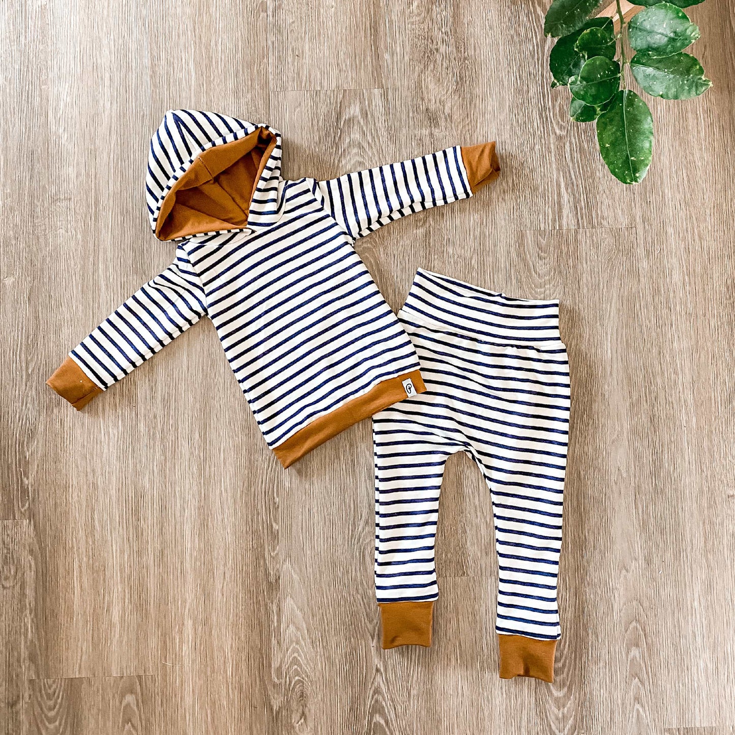Baby Bamboo Hoodie with Baggy Pants Set - Navy Striped and Butterscotch