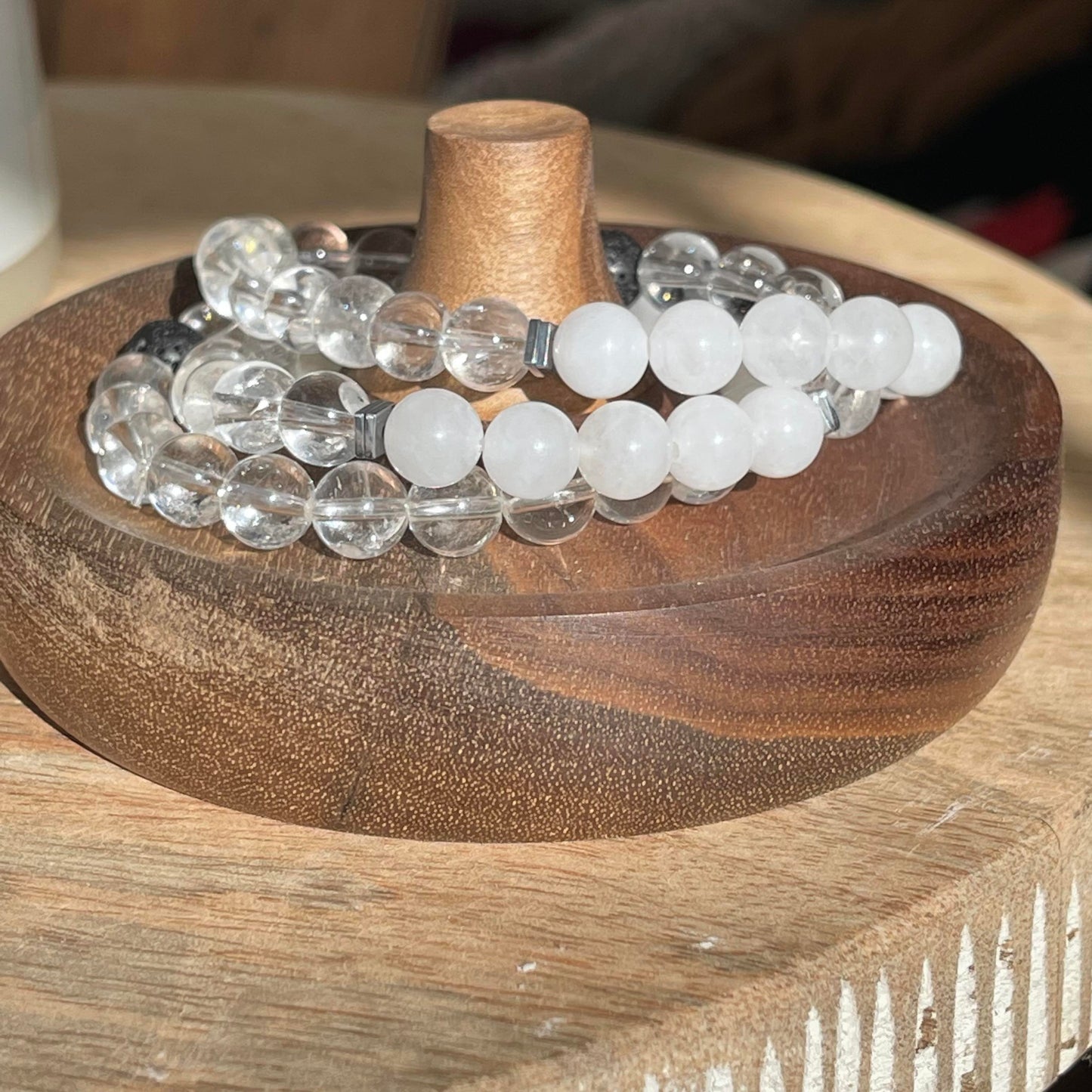 Clear Quartz + White Jade Bead Bracelet