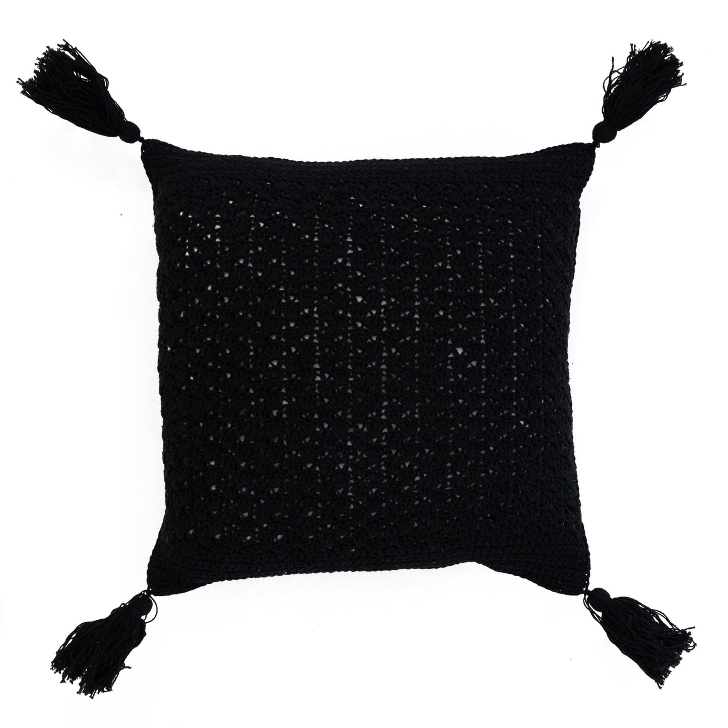 Crochet Pillow with Tassels - Black