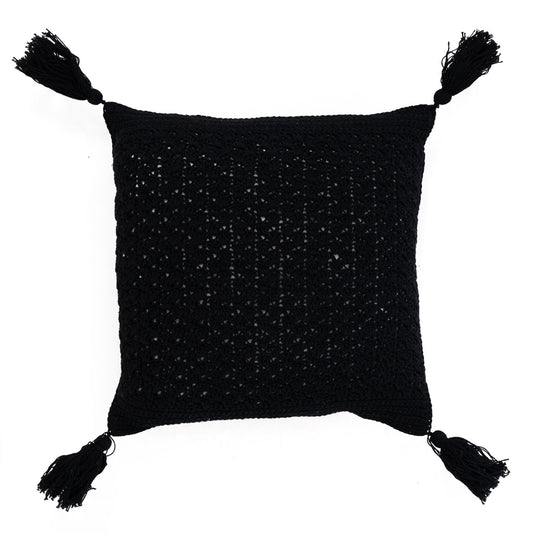 Crochet Pillow with Tassels - Black