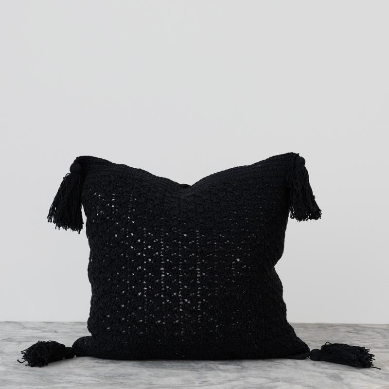Crochet Pillow with Tassels - Black