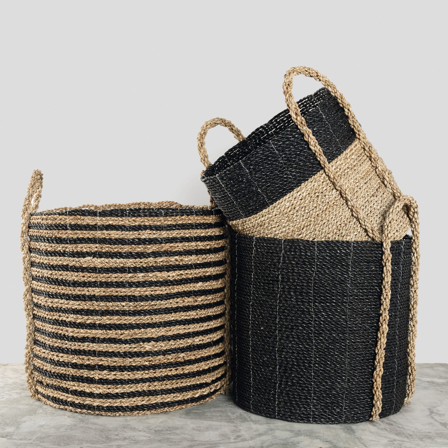 Set of 3 Large Handled Seagrass Basket Natural/Black
