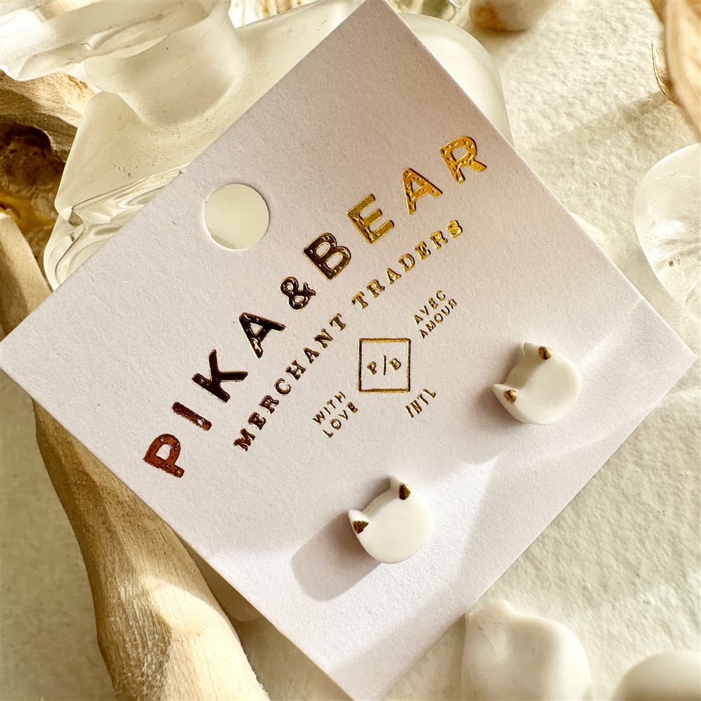 Mew Porcelain Cat Face Stud Earrings in White
