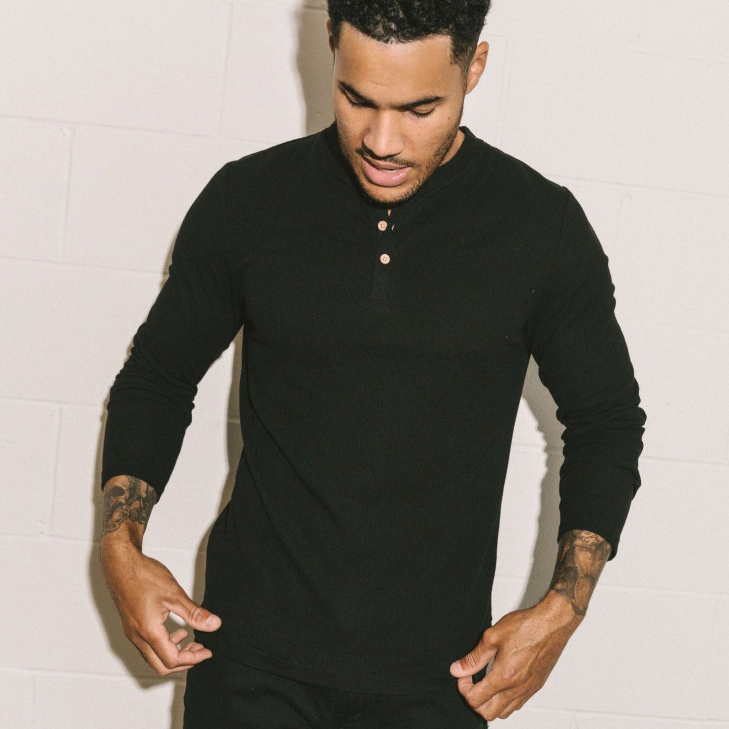 Ribbed Rupert Long Sleeve Henley - Black