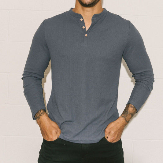 Ribbed Rupert Long Sleeve Henley - Grey Whale