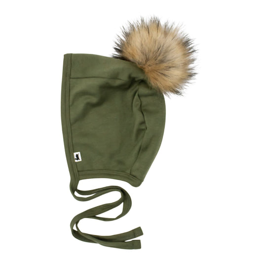 Fleece-Lined Brimless Pom Pom Bonnet - Olive