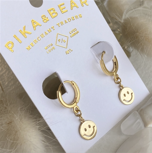 Have A Nice Day Smiley Face Hugger Hoop Earrings in Gold