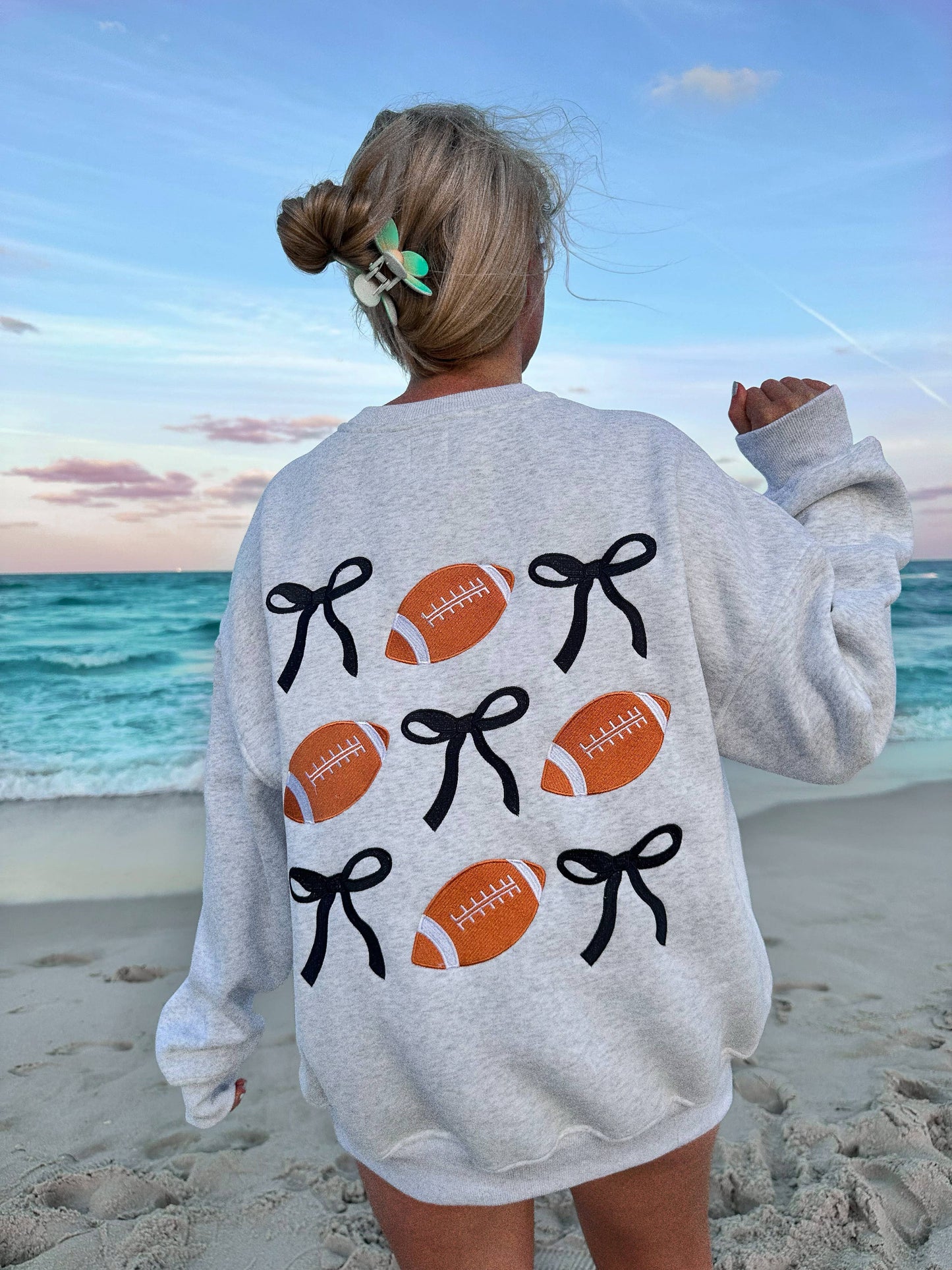 Game Day Embroider Football Bows Sweatshirt - Pearl Grey