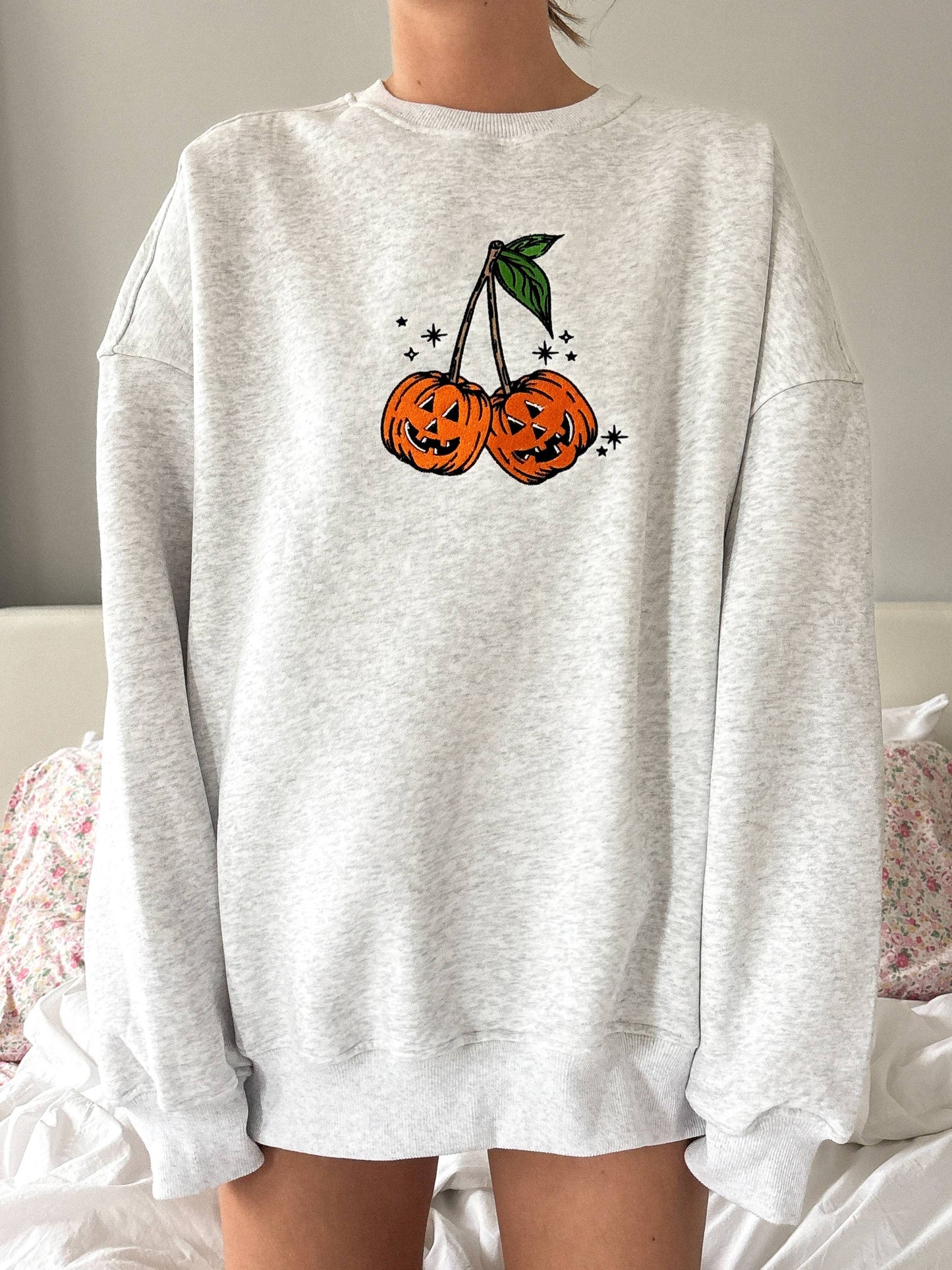 Pumpkin Cherries Fall Autumn Embroider Sweatshirt - Pearl Grey