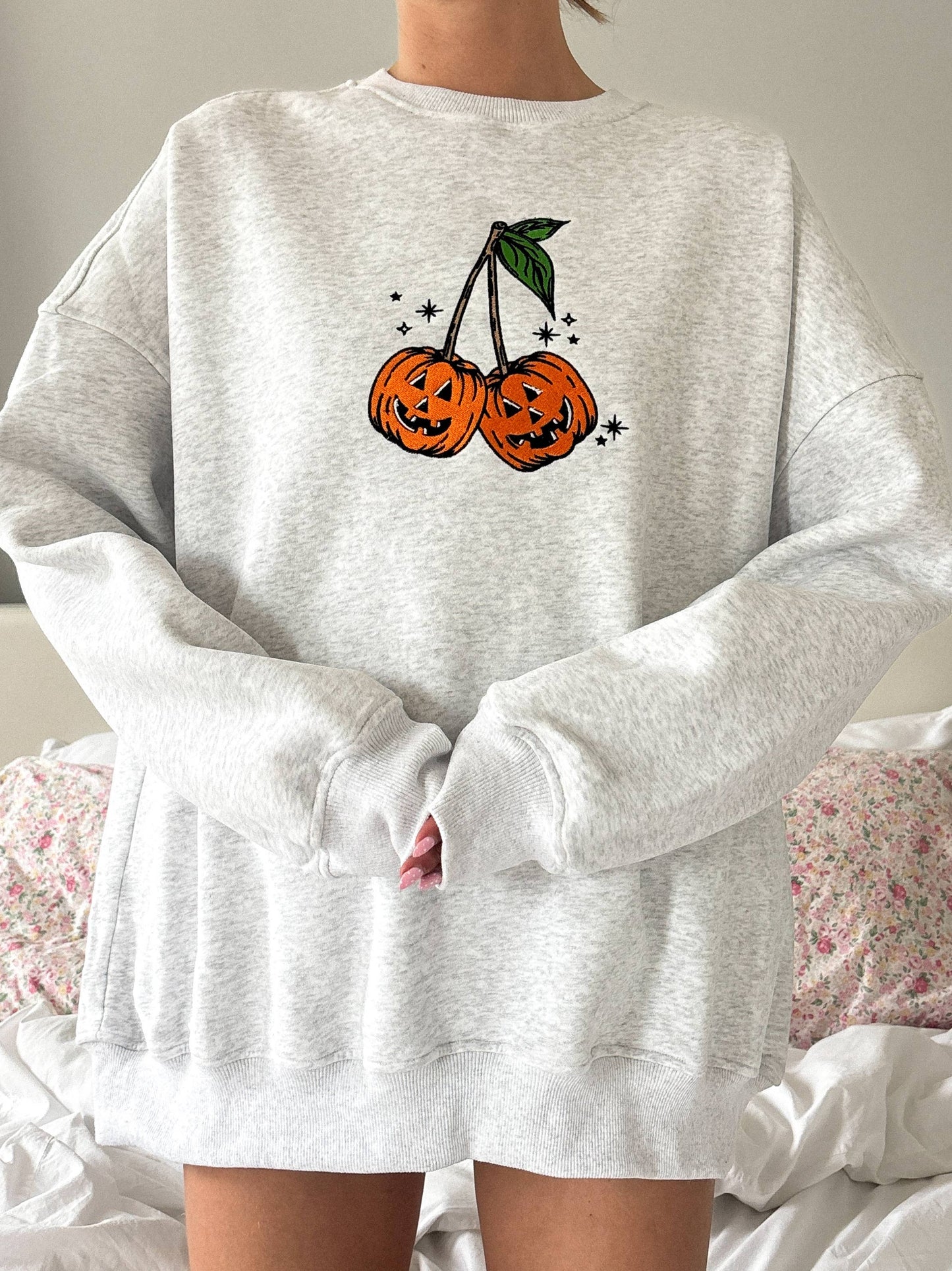 Pumpkin Cherries Fall Autumn Embroider Sweatshirt - Pearl Grey