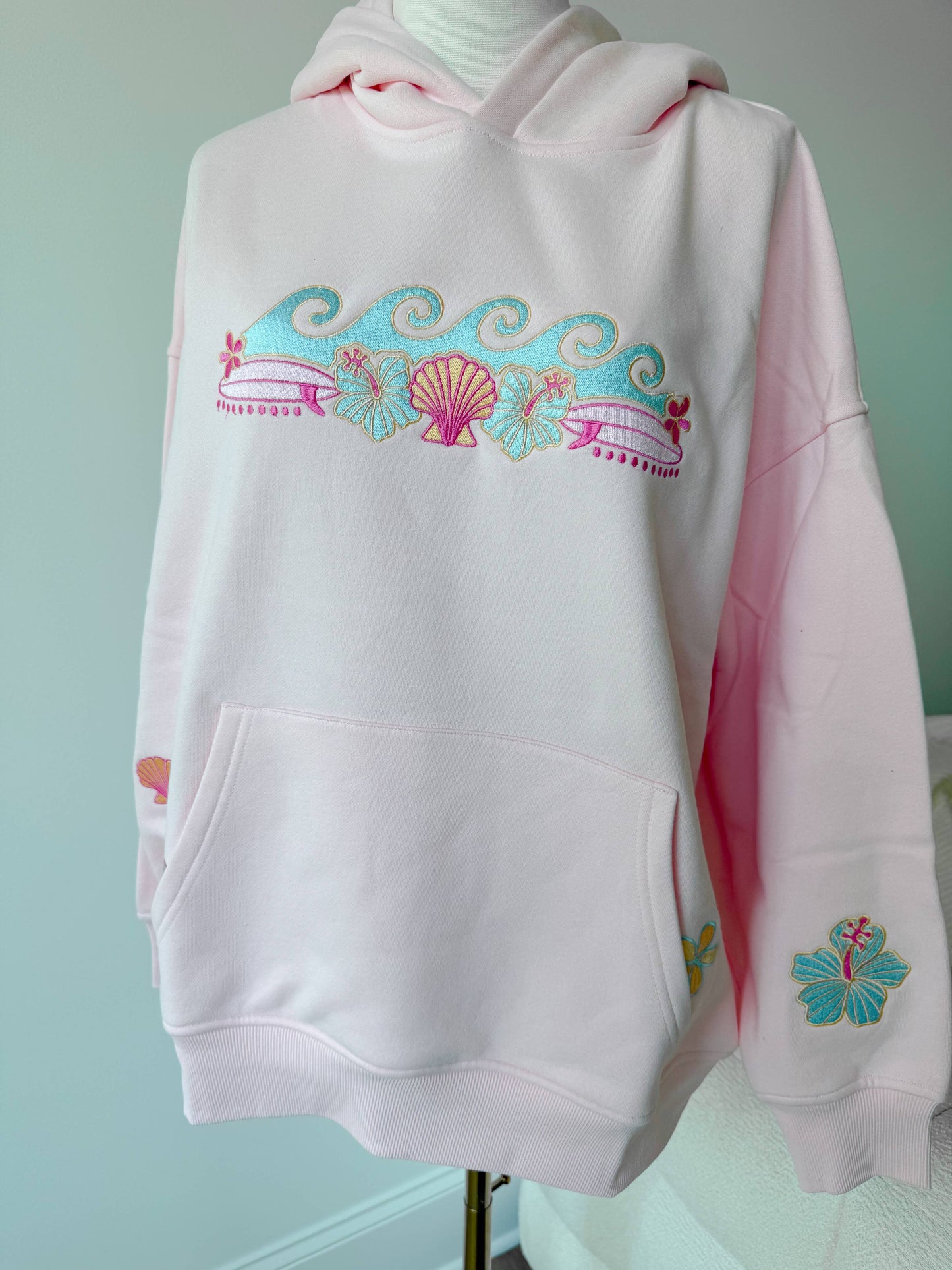Meet Me At The Beach Sunset Embroidered Hoodie - Light Pink