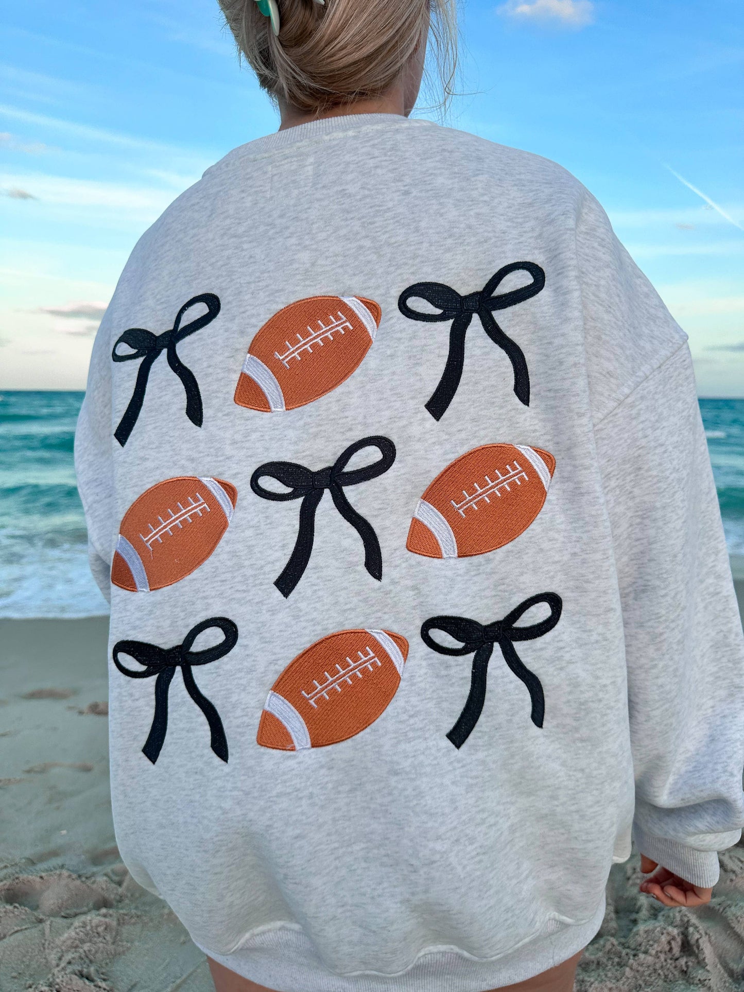 Game Day Embroider Football Bows Sweatshirt - Pearl Grey