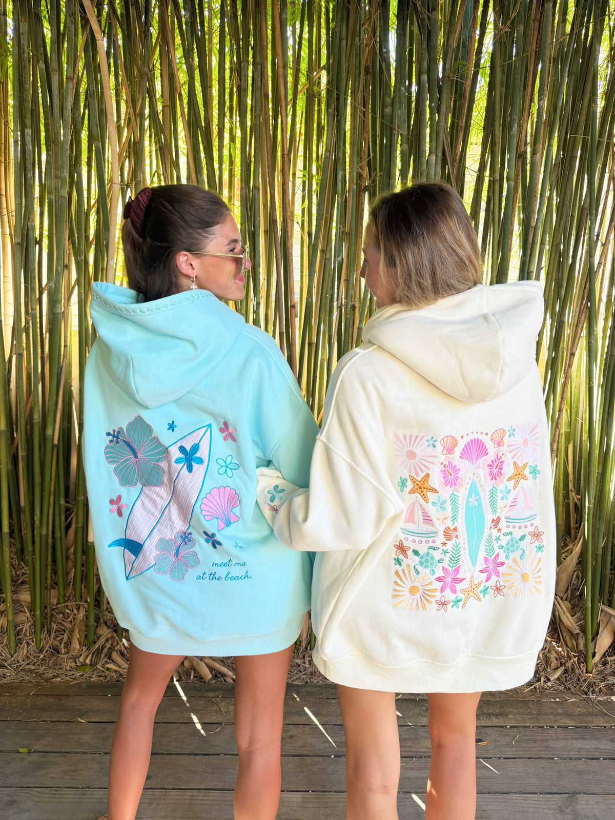 Surfboard Hibiscus Embroidered Hoodie - Lagoon Aqua