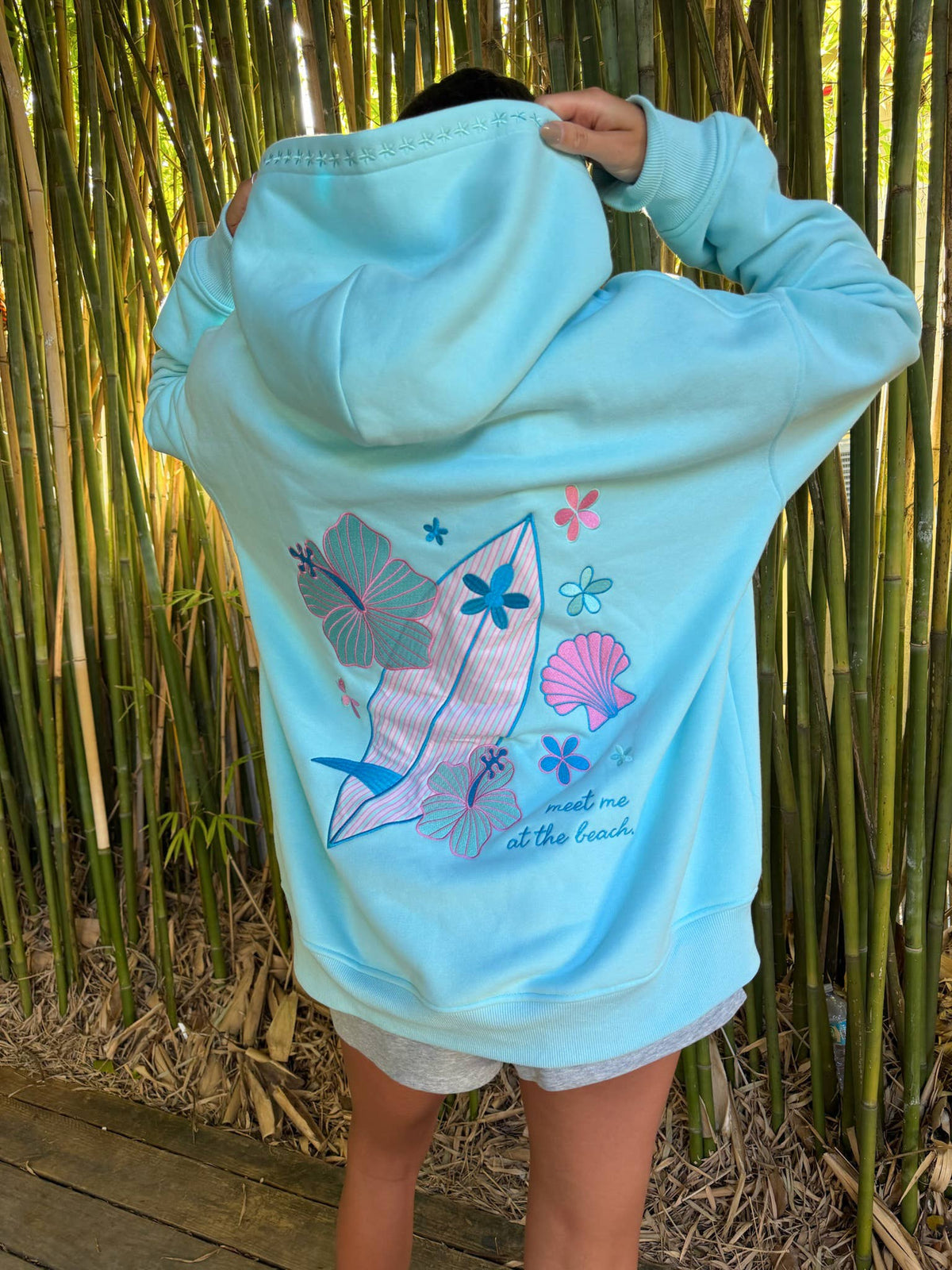 Surfboard Hibiscus Embroidered Hoodie - Lagoon Aqua