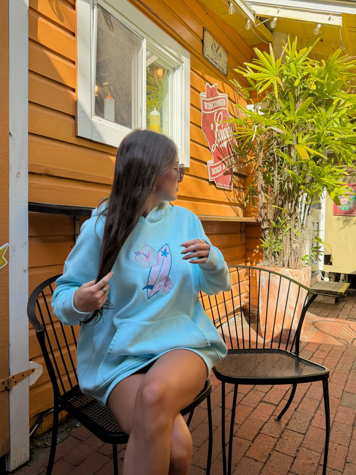 Surfboard Hibiscus Embroidered Hoodie - Lagoon Aqua