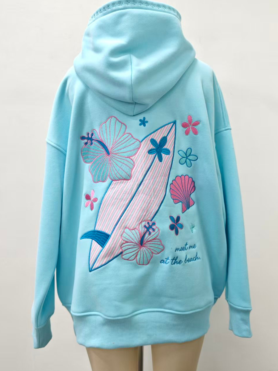 Surfboard Hibiscus Embroidered Hoodie - Lagoon Aqua