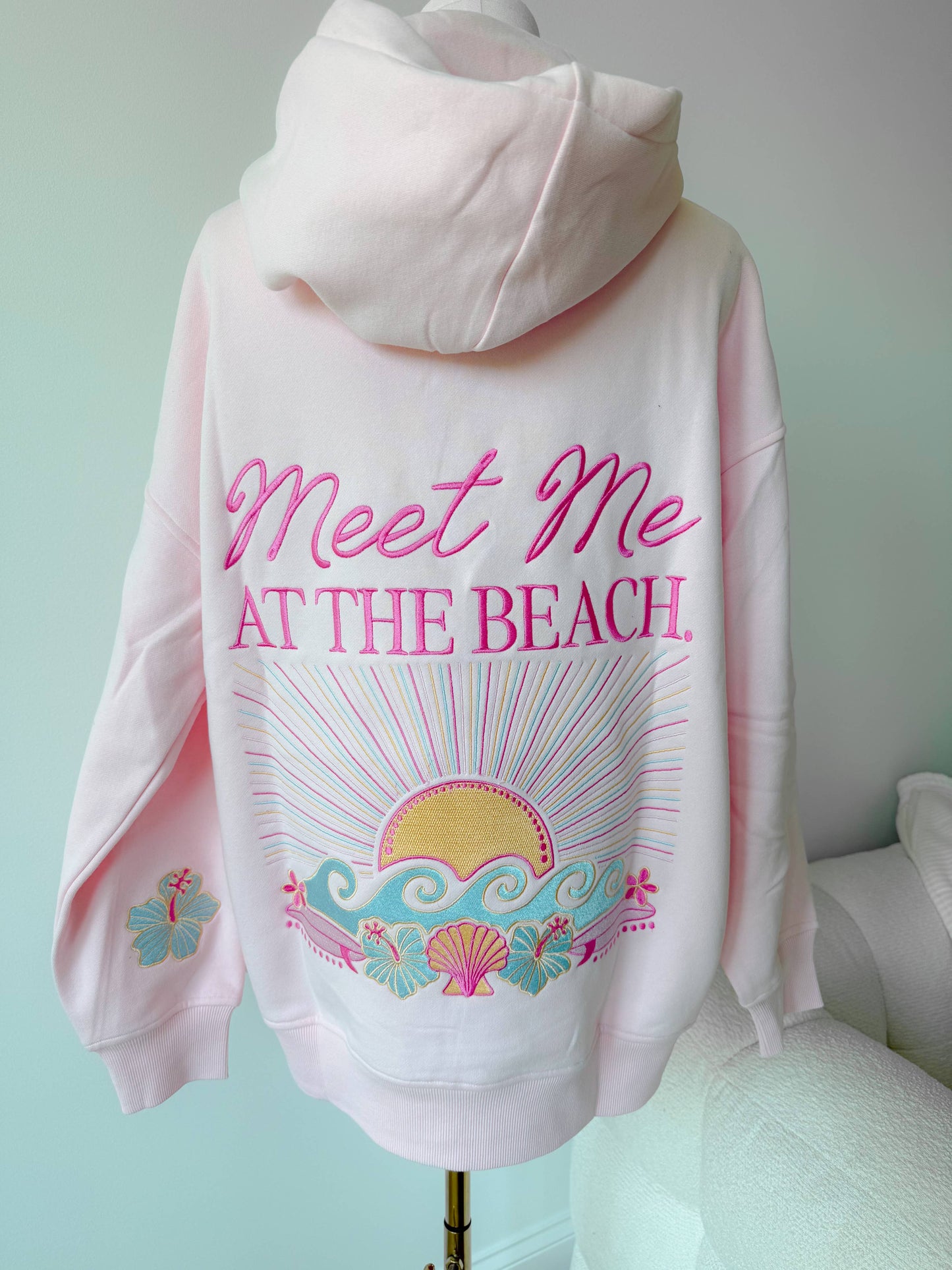 Meet Me At The Beach Sunset Embroidered Hoodie - Light Pink