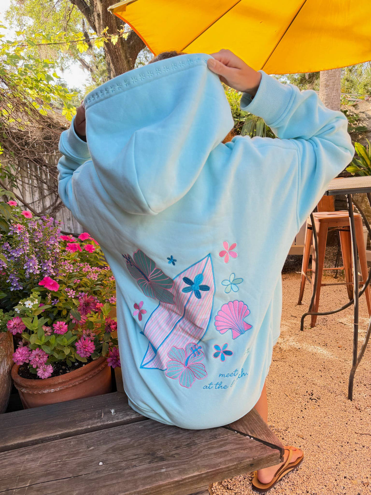 Surfboard Hibiscus Embroidered Hoodie - Lagoon Aqua