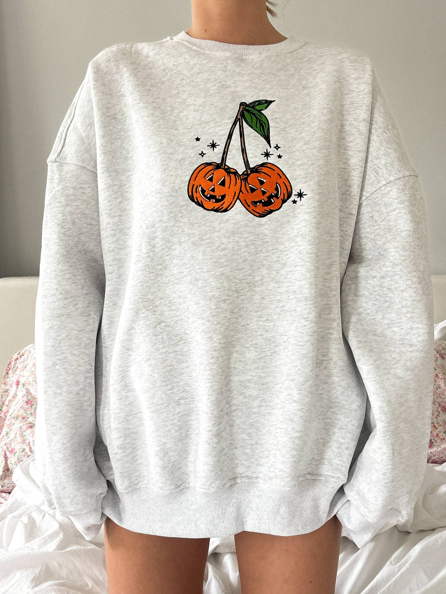 Pumpkin Cherries Fall Autumn Embroider Sweatshirt - Pearl Grey