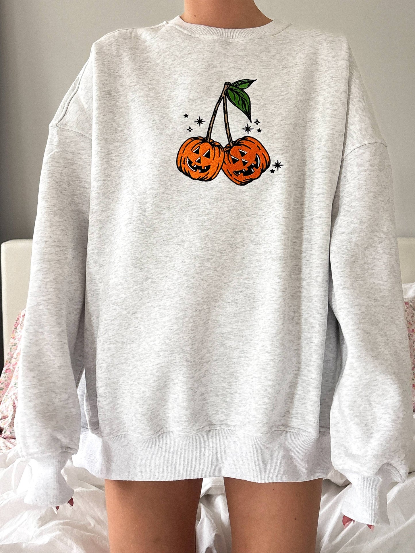 Pumpkin Cherries Fall Autumn Embroider Sweatshirt - Pearl Grey