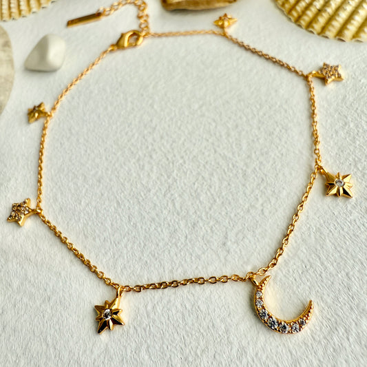 Andromeda Stars & Moon Charm Anklet in Gold