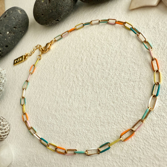 Bayside Paperclip Chain Anklet in Enamel + Gold