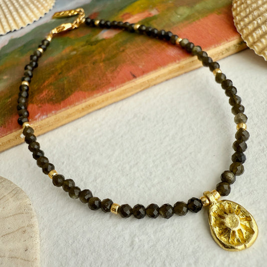Hanalei Natural Stone & Sun Charm Anklet in Gold Obsidian