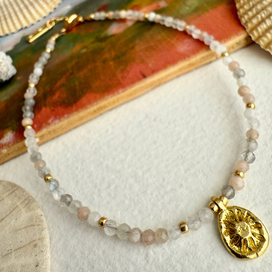 Hanalei Natural Stone & Sun Charm Anklet in Mixed Moonstone