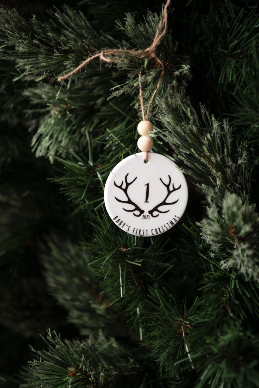 Antler Baby's First Christmas Ceramic Ornament with Wood Beads