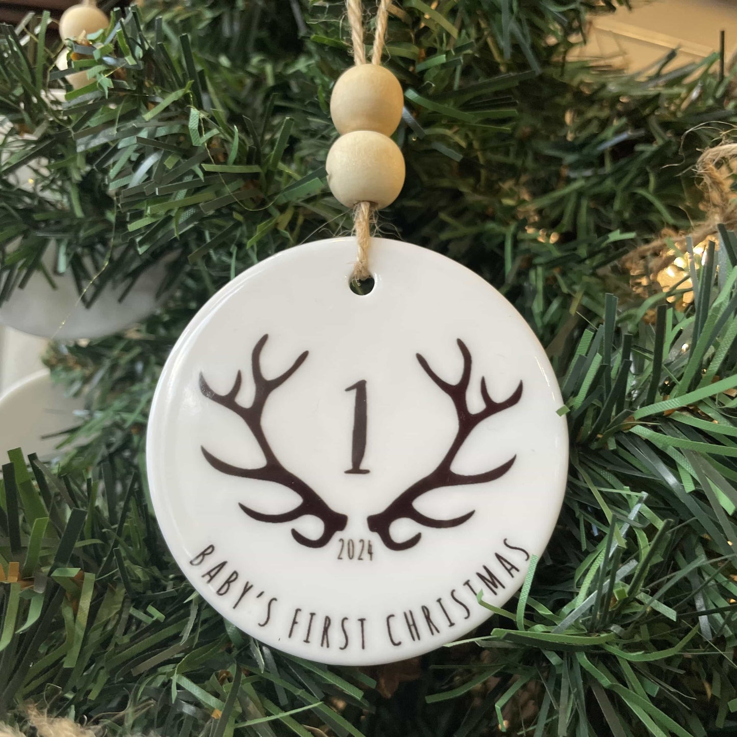 Antler Baby's First Christmas Ceramic Ornament with Wood Beads