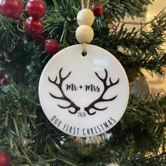 Antler Mr & Mrs First Christmas Ceramic Ornament with Wood Beads