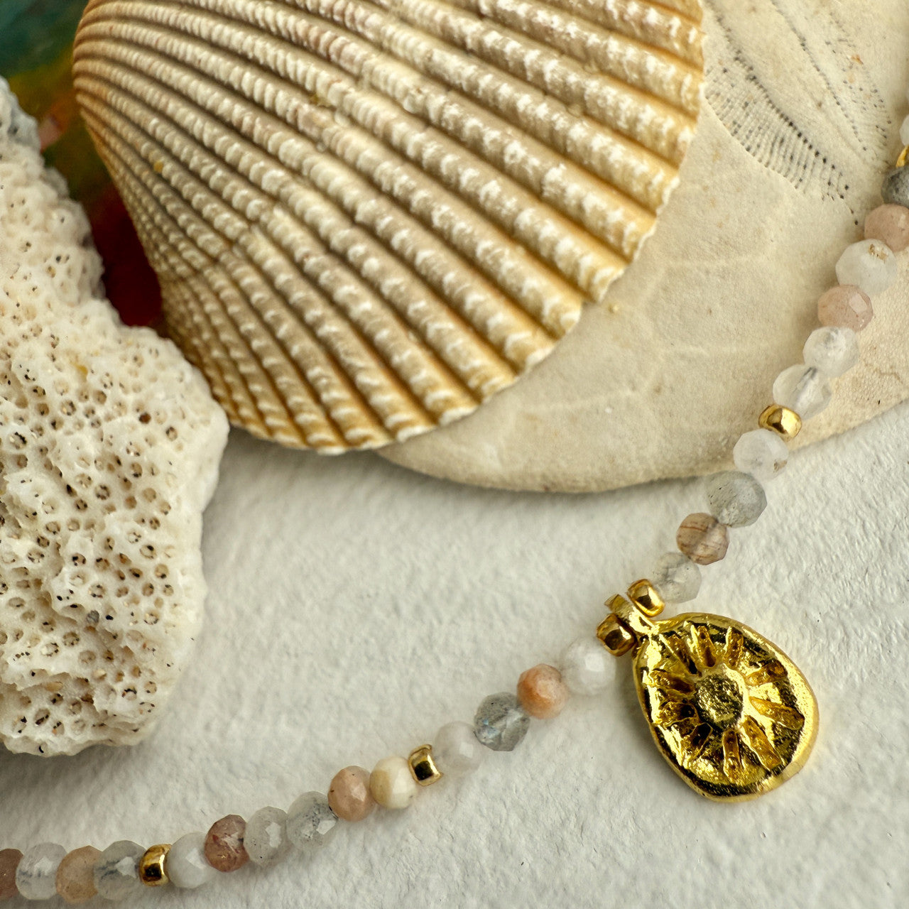 Hanalei Natural Stone & Sun Charm Anklet in Mixed Moonstone