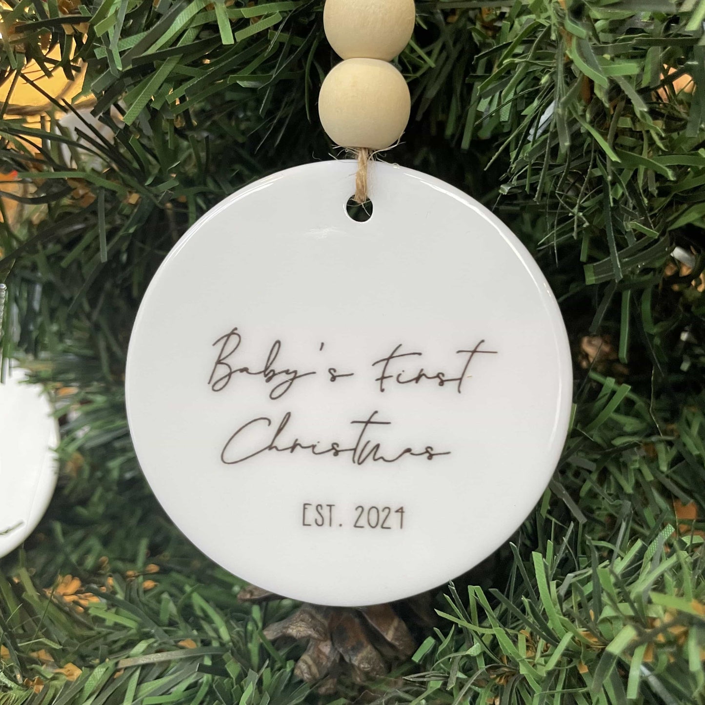 Baby's First Christmas Ceramic Ornament with Wood Beads