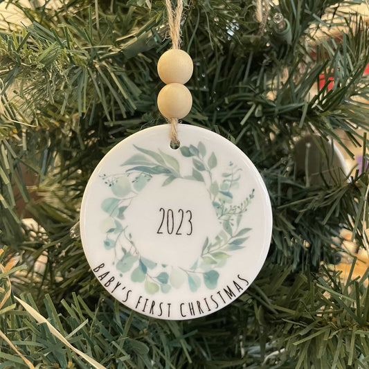 Baby's First Christmas wreath Ceramic Ornament with Wood Beads