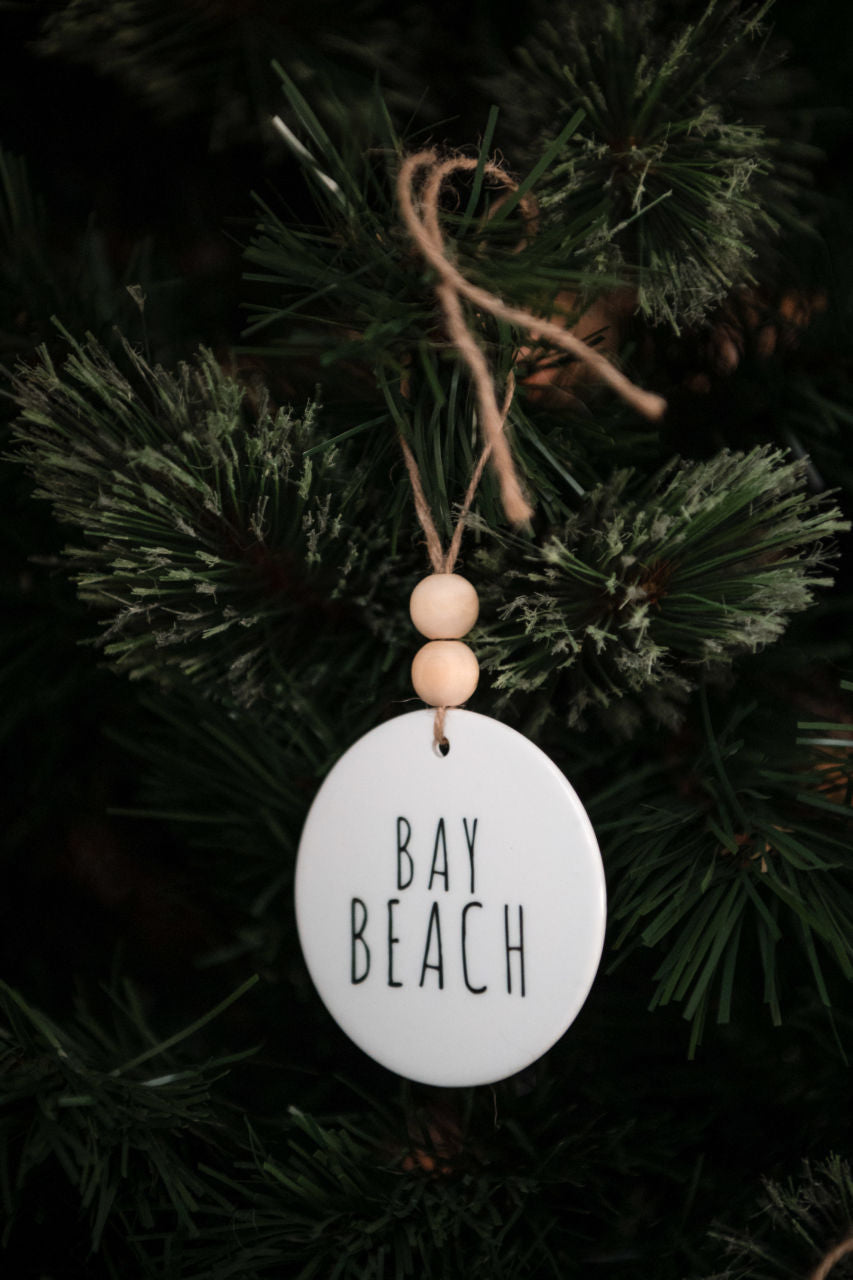 Bay Beach Ceramic Ornament with Wood Beads