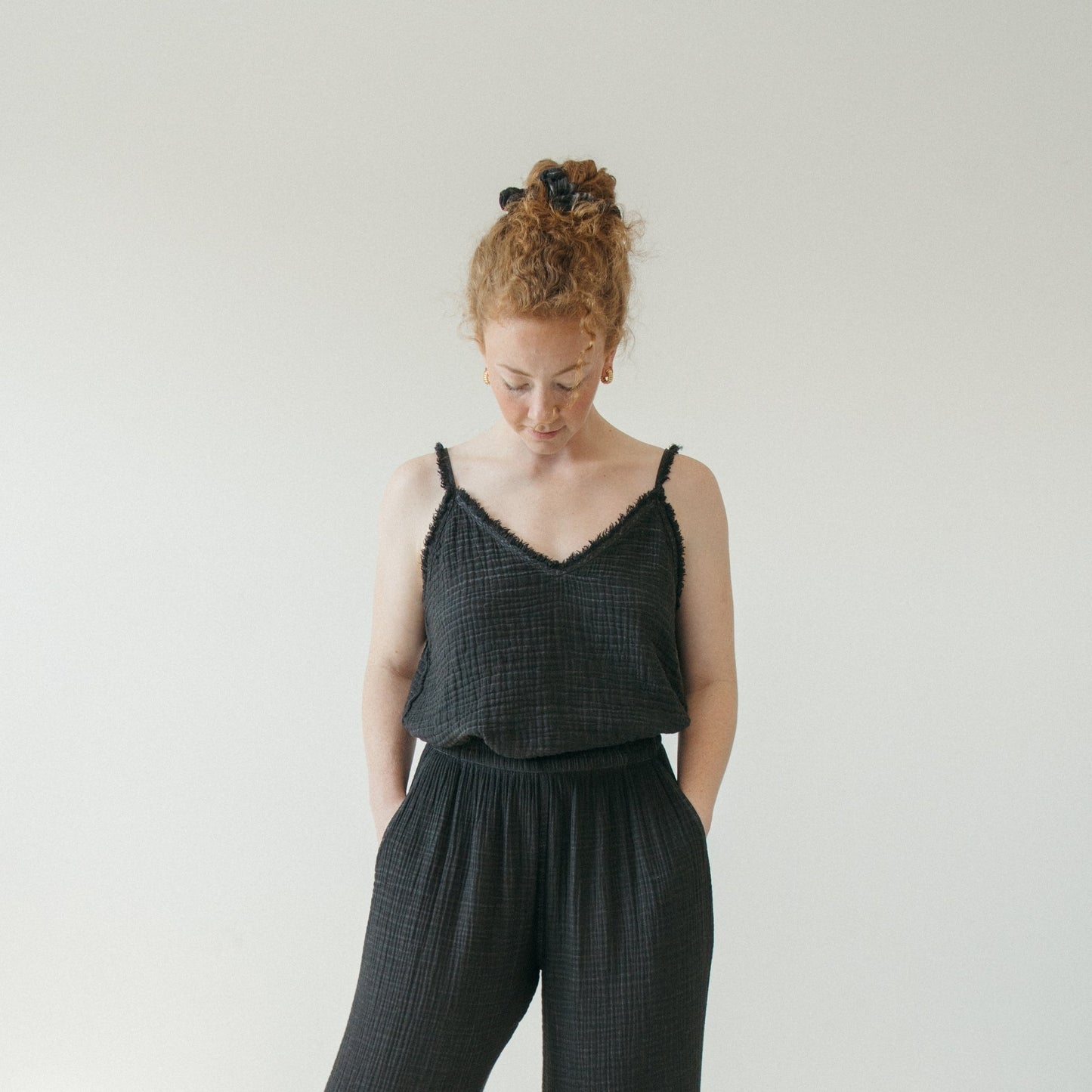 Black Crinkle Cotton Strappy Top - One-Sized