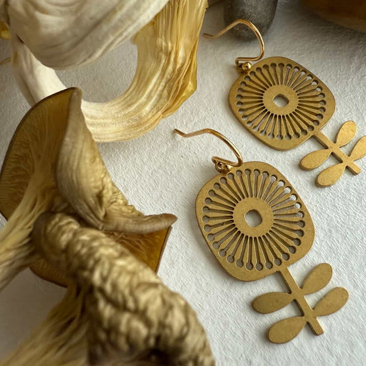 Blomi Raw Brass Floral Design Drop Earrings