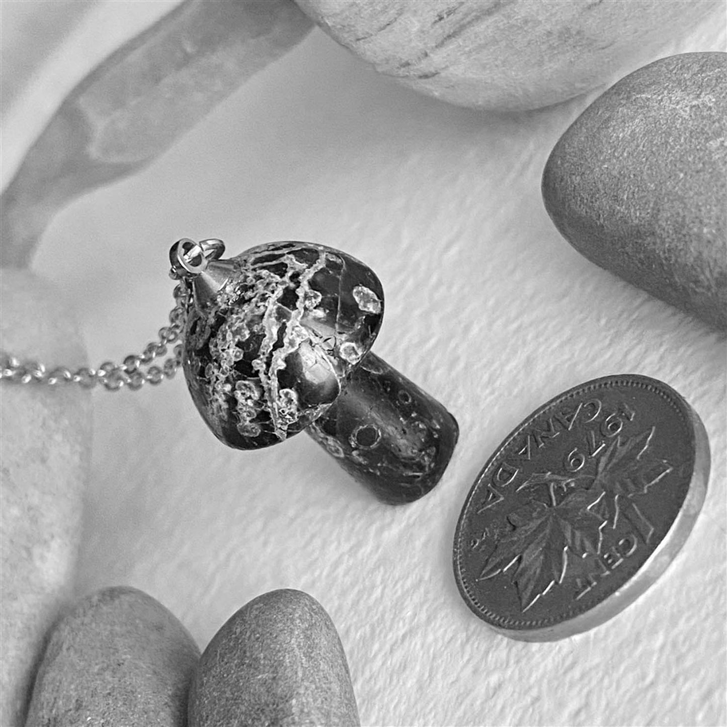 Bolete Stone Mushroom Pendant Necklace in Moss Jasper