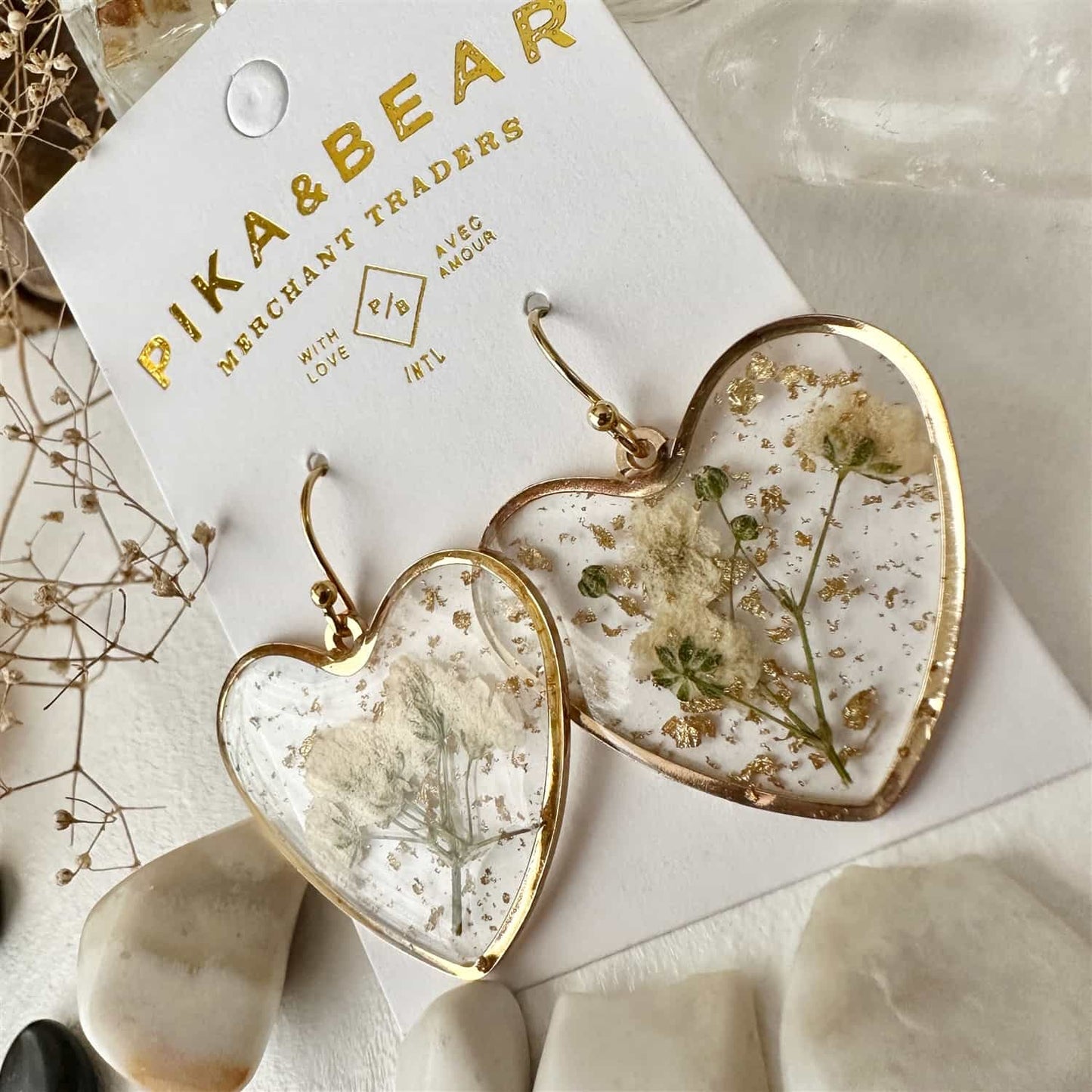 Bronte - Clear Acrylic Heart Earrings with Real Dried Flowers