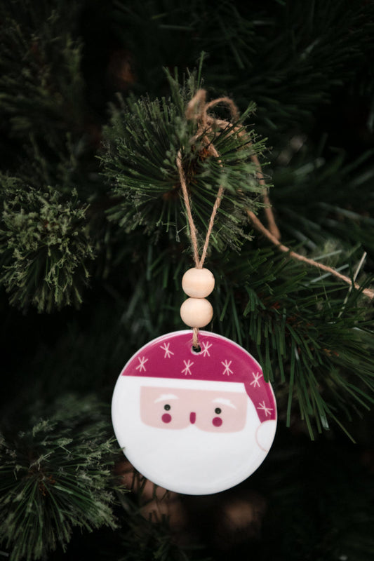 Burgundy Santa's Face Ceramic Ornament with Wood Beads