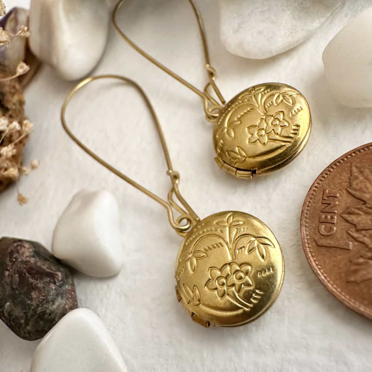 Cedarburg Brass Locket Drop Earrings