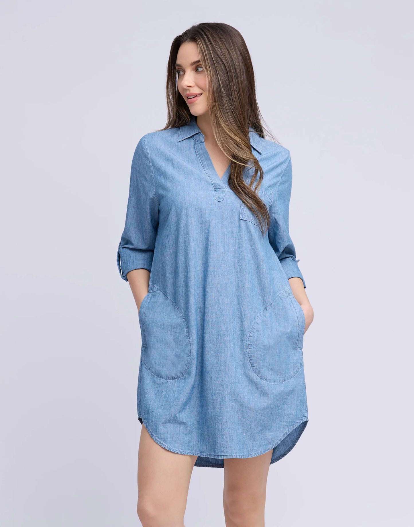 Chambray V-Neck Dress - Ava