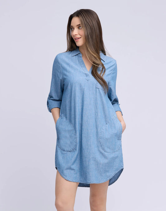 Chambray V-Neck Dress - Ava